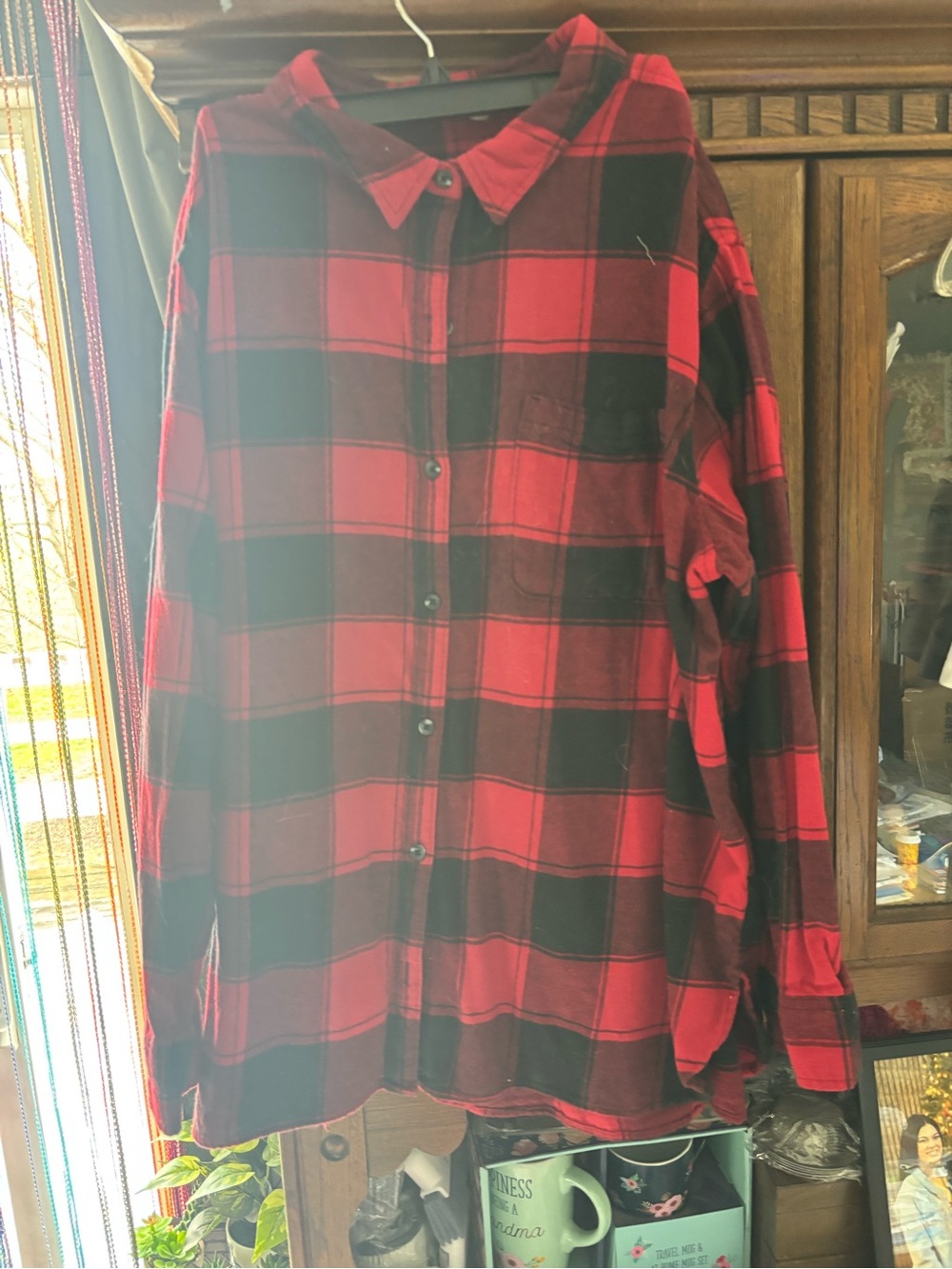 Red and Black Plaid Flannel Shirt - Womens Casual Button-Up